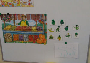 Ilustracje zielonych warzyw i owoców na tablicy