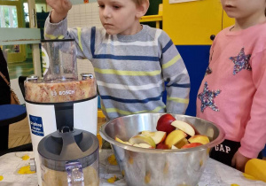 Dzieci pod opieką Pań wyciskają świeży sok z polskich jabłuszek.