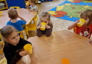 Dzieci pod opieką Pań wyciskają świeży sok z polskich jabłuszek.